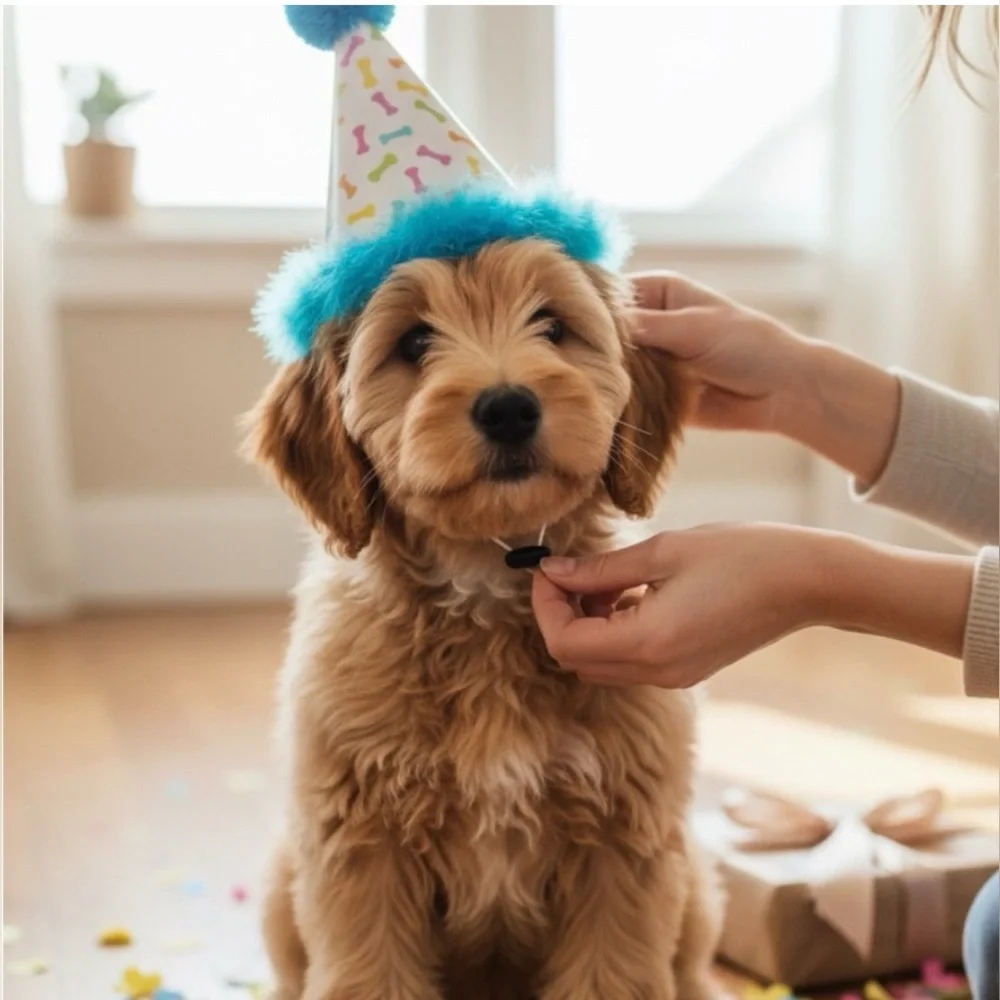 Dog Birthday Hat with Pom Pom in Blue Confetti